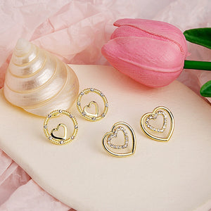 Elegant Korean Minimalist Double Layer Heart Rhinestone Alloy Studs Sweet Girlfriend Jewelry Earrings