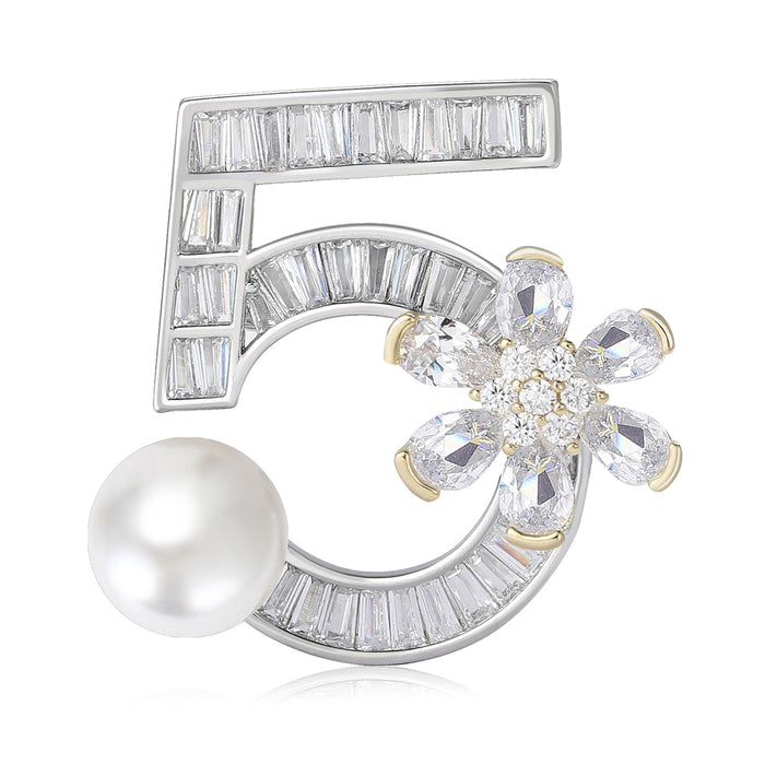 Copper Zircon Pearl Number Five Brooch For Coat Decoration