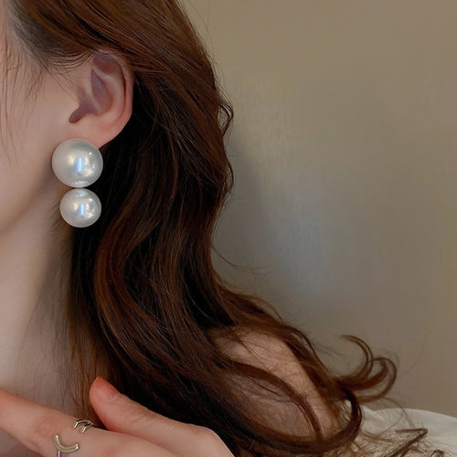 Korean Minimalist Large Round Pearl Stud Earrings With Silver Needle For Women