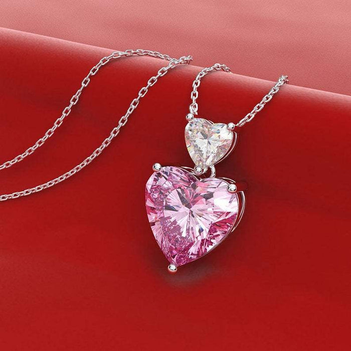 Korean Double Heart Pink Zircon Necklace Cute Heart Pendant Colorful Gemstone Jewelry