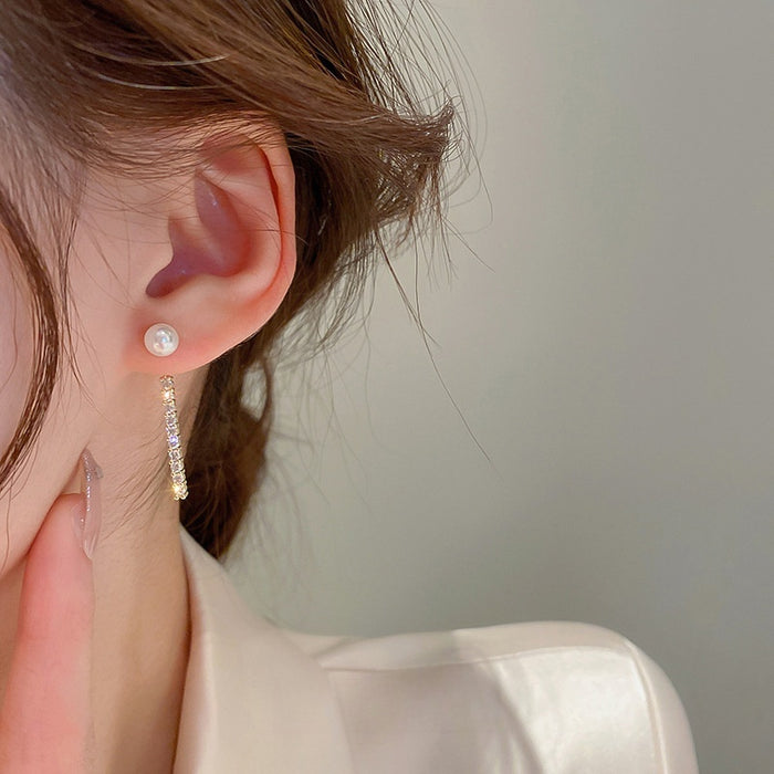 Gold Plated Metal Pearl Zircon Tassel Drop Earrings With Silver Pins Geometric Vintage Style