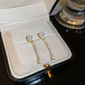 Gold Plated Metal Pearl Zircon Tassel Drop Earrings With Silver Pins Geometric Vintage Style view 2