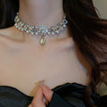 French Luxury Pearl Rhinestone Waterdrop Flower Alloy Choker Necklace view 3