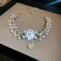 French Luxury Pearl Rhinestone Waterdrop Flower Alloy Choker Necklace view 2