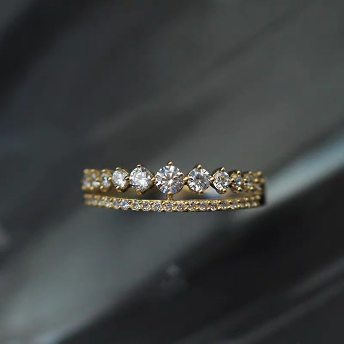Japanese Style Women's Full Zircon Copper Gold Plated Ring Fashion Finger Jewelry