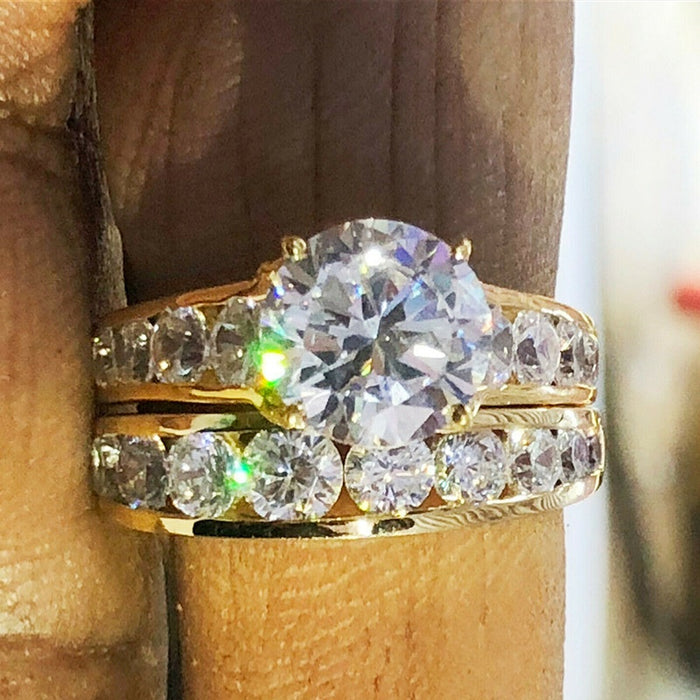 Luxury Gold Plated Full Cubic Zirconia Couple Ring Set European American Wedding Band Jewelry