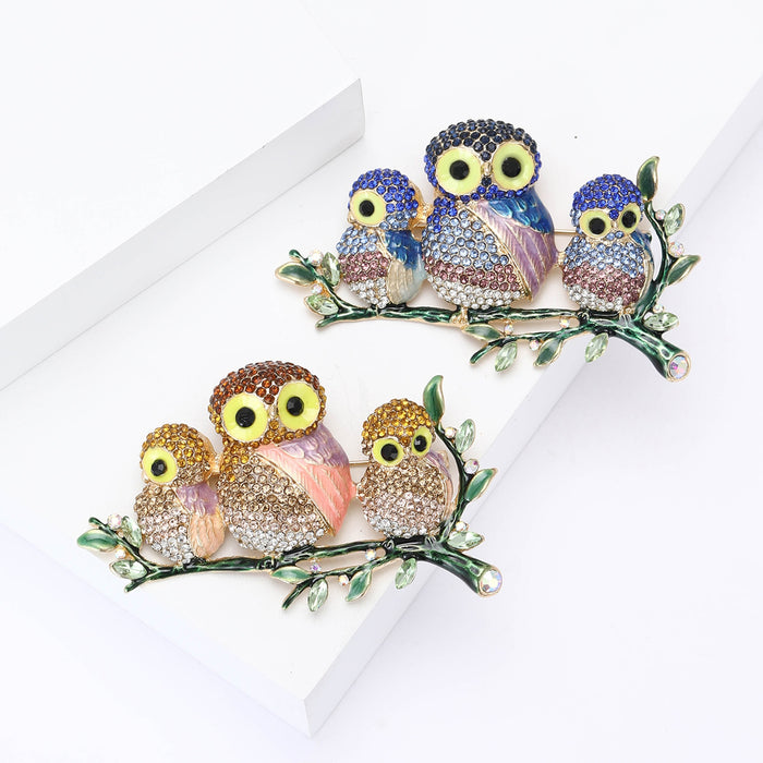 Alloy Rhinestone Three Owl Brooch Pin For Womens Clothing