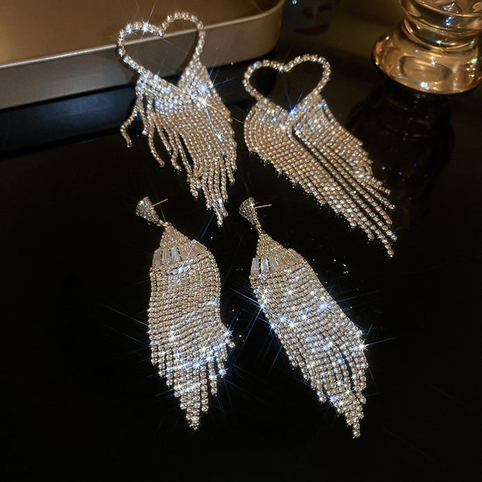 Statement Copper Fan Heart Zircon Tassel Drop Earrings With Silver Needle Posts