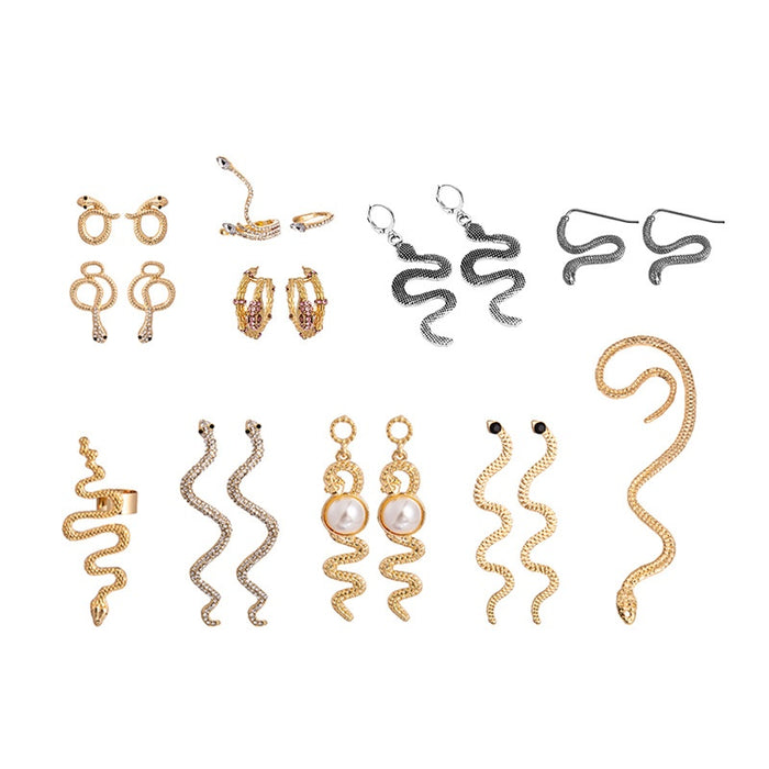 Vintage Micro Pave Rhinestone Snake Ear Cuff Studs Long Alloy Serpent Ear Wrap Clip Earrings