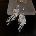 Bohemian Metal Triangle Bow Tassel Drop Earrings With Rhinestone Faux Pearl Crystal Accents view 3