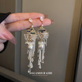 Bohemian Metal Triangle Bow Tassel Drop Earrings With Rhinestone Faux Pearl Crystal Accents view 1