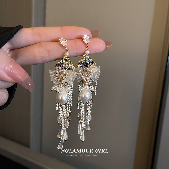 Bohemian Metal Triangle Bow Tassel Drop Earrings With Rhinestone Faux Pearl Crystal Accents
