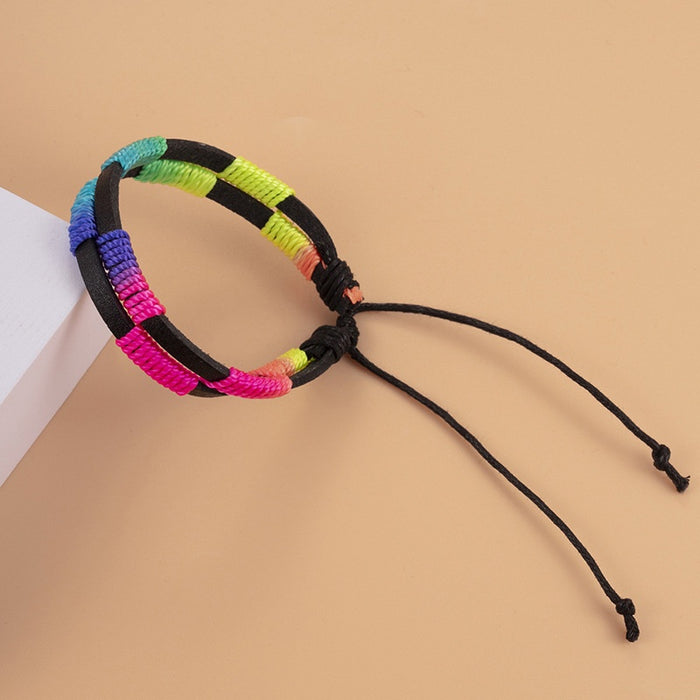 European American Handmade Woven Rainbow Leather Bracelet Colorful Unisex Couple Wristband