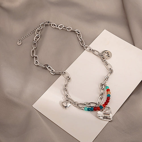 Trendy Color Seed Bead Metal Heart Necklace Cool T Shirt Sweatshirt Collarbone Chain
