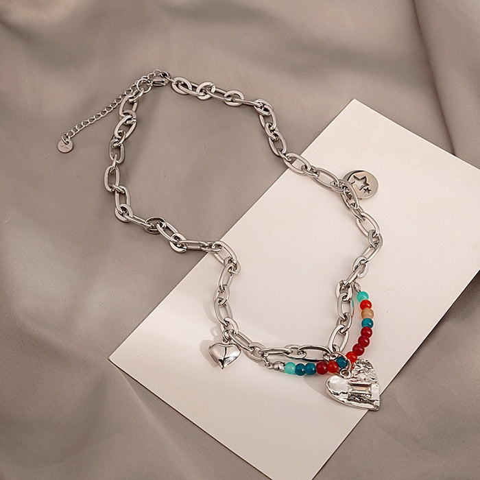 Trendy Color Seed Bead Metal Heart Necklace Cool T Shirt Sweatshirt Collarbone Chain