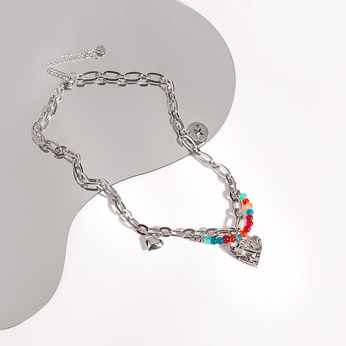 Trendy Color Seed Bead Metal Heart Necklace Cool T Shirt Sweatshirt Collarbone Chain