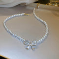 French Vintage Pearl Rhinestone Bow Necklace For Women Elegant Fairy Style Collarbone Chain view 3