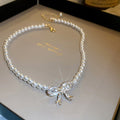 French Vintage Pearl Rhinestone Bow Necklace For Women Elegant Fairy Style Collarbone Chain view 1