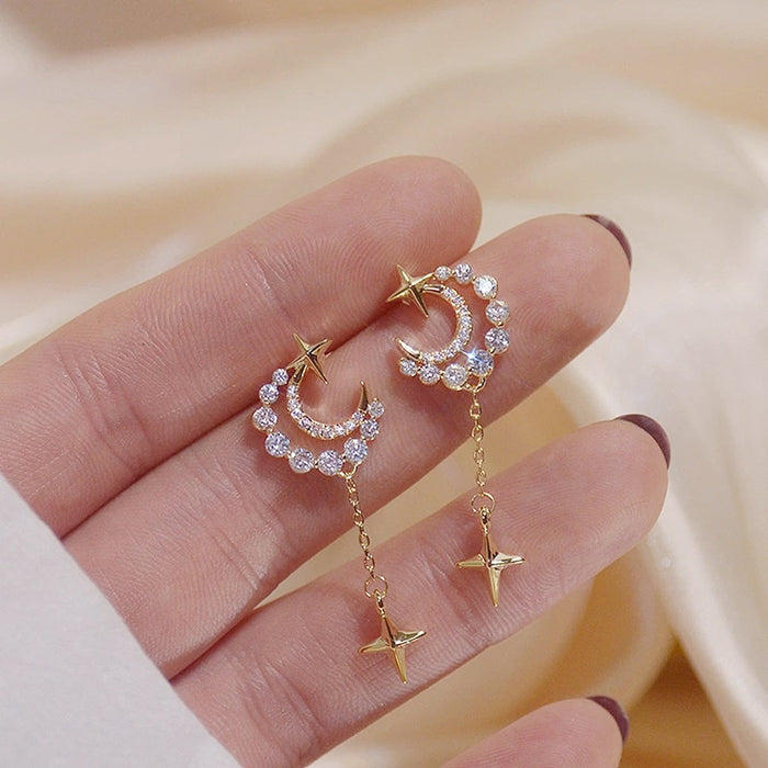 Star Moon Stud Earrings With Micro Paved Full Zircon Fairy College Style Earrings For Women