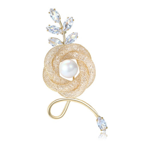 Alloy Pearl Hollow Flower Brooch With Rhinestones For Cardigan Decor