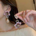 Chic Asymmetric Rhinestone Flower Drop Earrings With Glass Waterdrop Beads And Silver Pins view 1