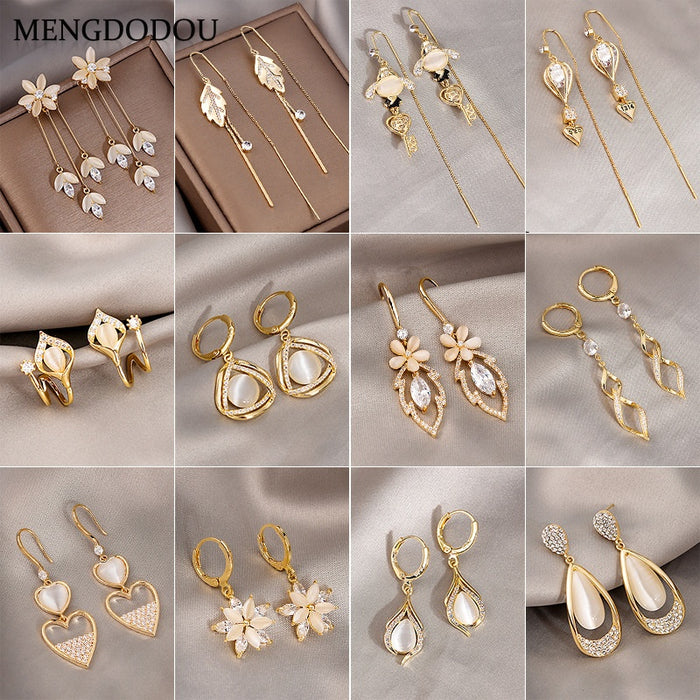 Elegant Gold Plated Alloy Zircon Cat Eye Flower Leaf Heart Waterdrop Tassel Threader Drop Earrings