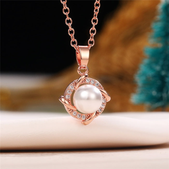 Rose Gold Windmill Pearl Necklace For Women Vintage Full Zircon Collarbone Pendant