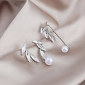 Elegant Pearl Crystal Leaf Ear Cuff Stud Set, Silver Needle Rhinestone Asymmetric Luxury Earrings view 2