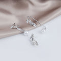 Elegant Pearl Crystal Leaf Ear Cuff Stud Set, Silver Needle Rhinestone Asymmetric Luxury Earrings view 3