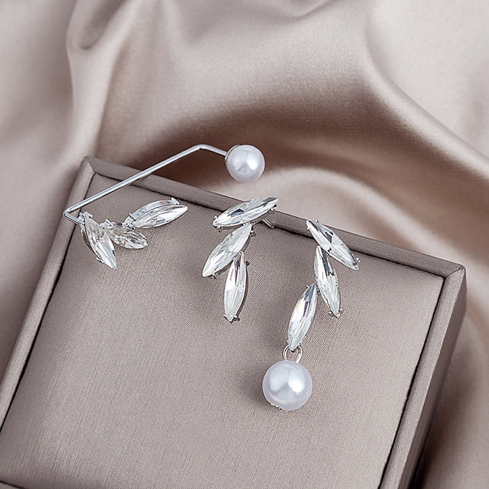 Elegant Pearl Crystal Leaf Ear Cuff Stud Set, Silver Needle Rhinestone Asymmetric Luxury Earrings