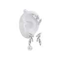 Elegant Pearl Crystal Leaf Ear Cuff Stud Set, Silver Needle Rhinestone Asymmetric Luxury Earrings view 5