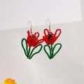 Elegant Handmade Seed Bead Red Tulip Flower With Green Leaf Alloy Hook Long Drop Statement Earrings view 4