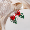 Elegant Handmade Seed Bead Red Tulip Flower With Green Leaf Alloy Hook Long Drop Statement Earrings view 3