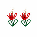 Elegant Handmade Seed Bead Red Tulip Flower With Green Leaf Alloy Hook Long Drop Statement Earrings view 5