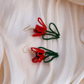 Elegant Handmade Seed Bead Red Tulip Flower With Green Leaf Alloy Hook Long Drop Statement Earrings view 2