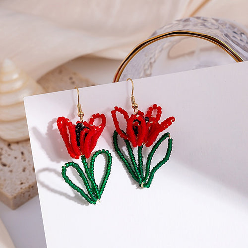 Elegant Handmade Seed Bead Red Tulip Flower With Green Leaf Alloy Hook Long Drop Statement Earrings