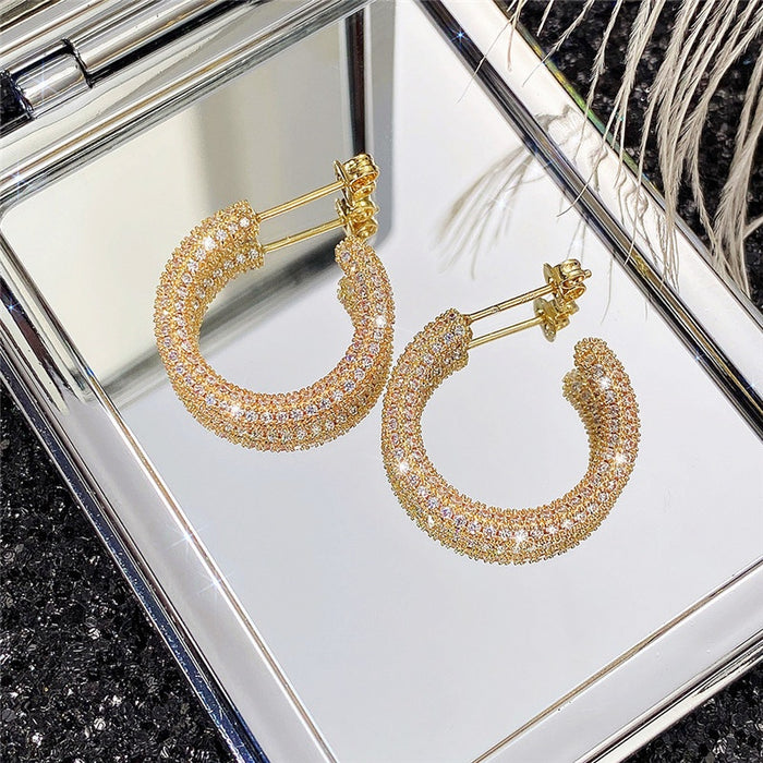 French Elegant Full Zircon Hoop Earrings Vintage Copper Metal Fashion Ear Jewelry For Women