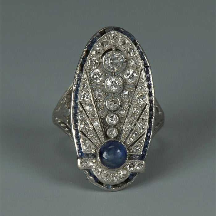 Vintage Hollow Palace Style Royal Blue Zircon Ring, Anniversary Wedding Gift Finger Jewelry