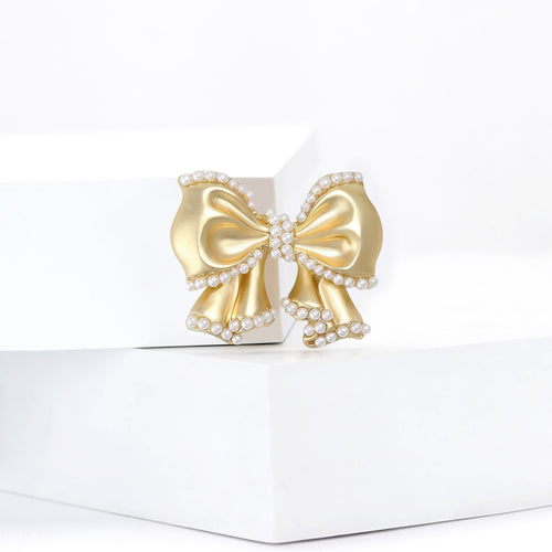 Alloy Gold Plated Pearl Bow Brooch Pin For Blazers