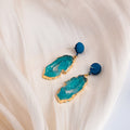 Vintage Blue Enamel Studs With Turquoise Crystal Geode Slice Alloy Dangle Drop Earrings view 3