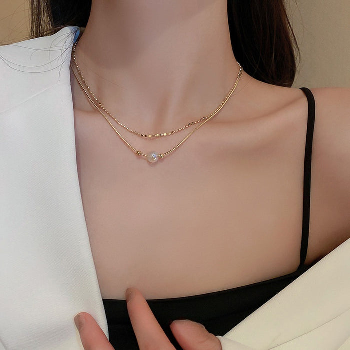 Iridescent Faux Pearl Multi Layer Necklace Korean Vintage Round Geometric Clavicle Chain for Women