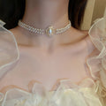 French Vintage Baroque Oval Pearl Rhinestone Double Layer Choker Necklace for Women view 1