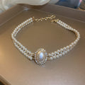 French Vintage Baroque Oval Pearl Rhinestone Double Layer Choker Necklace for Women view 4