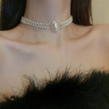 French Vintage Baroque Oval Pearl Rhinestone Double Layer Choker Necklace for Women view 3