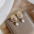 French Vintage Baroque Pearl Oval Studs With Gold Alloy Crystal Drop Tassel Elegant Earrings view 2