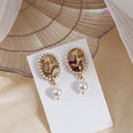 French Vintage Baroque Pearl Oval Studs With Gold Alloy Crystal Drop Tassel Elegant Earrings view 3