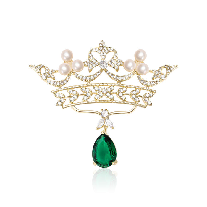 Alloy Pearl Zircon Crown Brooch Elegant Coat Lapel Pin