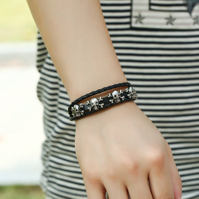 Fashion Multilayer Braided Leather Bracelet With Skull Charm, Simple Custom Unisex Wristband