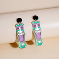 Bohemian Ethnic Hand Painted Enamel Acrylic Long Drop Totem Mask And Green Leaf Charm Earrings view 3
