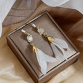 Elegant Korean White Flower Petal Tassel Drop With Cat Eye Stone Zircon Alloy Hook Dangle Earrings view 3